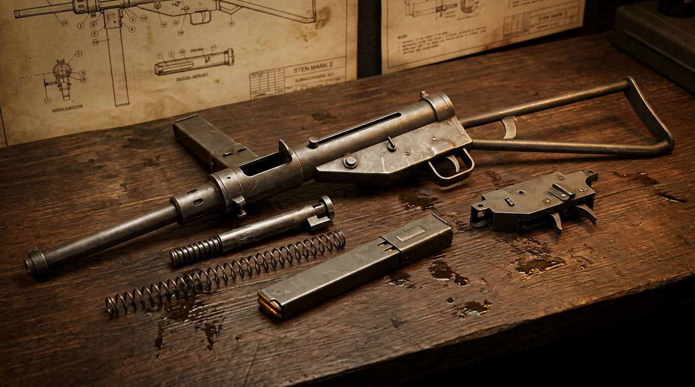 Close-up technical breakdown of the Sten Mark II submachine gun showing its components