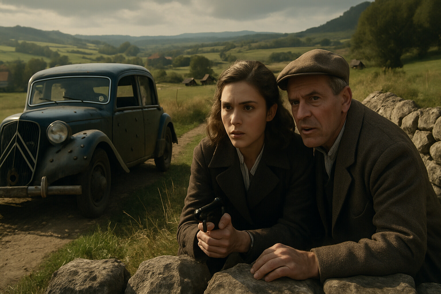 Violette and Jacques Dufour abandoning their disabled car and taking cover in the French countryside