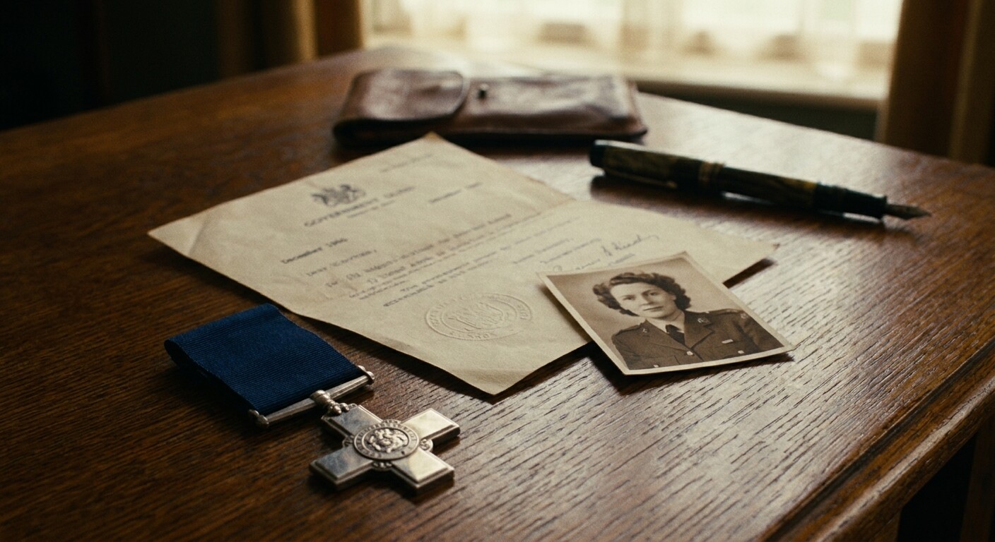 The George Cross medal and official citation document recognizing Violette's sacrifice