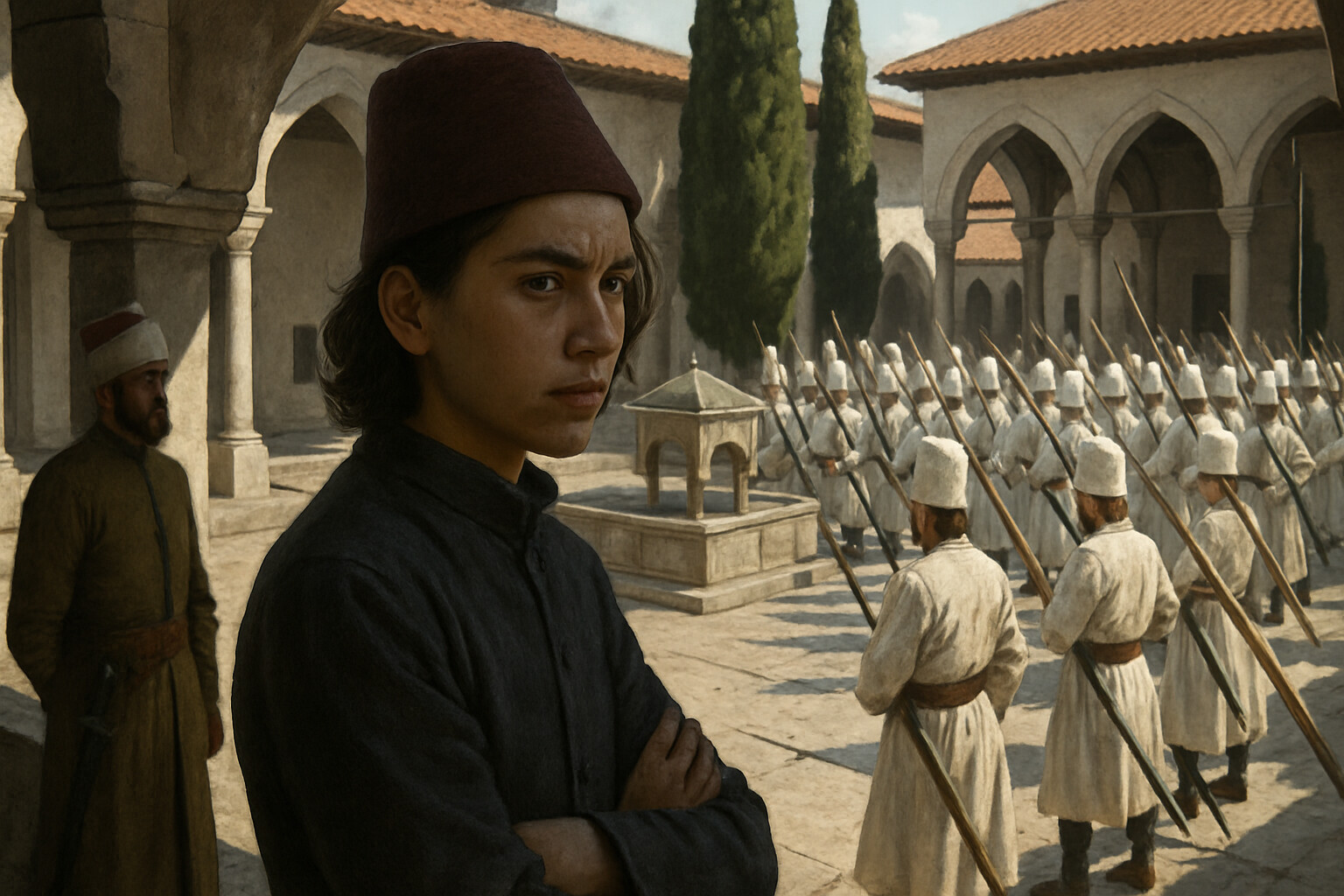 Portrait scene: A younger Vlad at the Ottoman court as a political hostage, perhaps fifteen years old, watching a military drill or ceremony from a position that is clearly not quite that of a guest. His expression conveys careful observation — learning, memorizing, surviving.