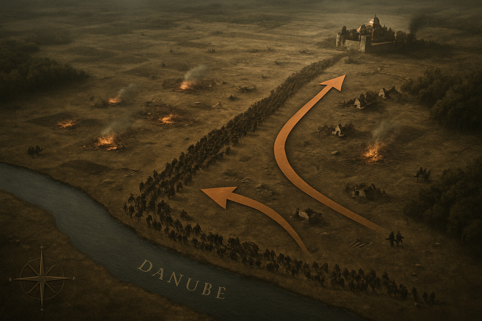 Map and route panel: A bird's-eye view illustration of the 1462 campaign geography — the Danube in the south, the route north to Târgoviște, the burned villages and destroyed wells along the route, and the Ottoman army as a dense column moving through a landscape that offers nothing.