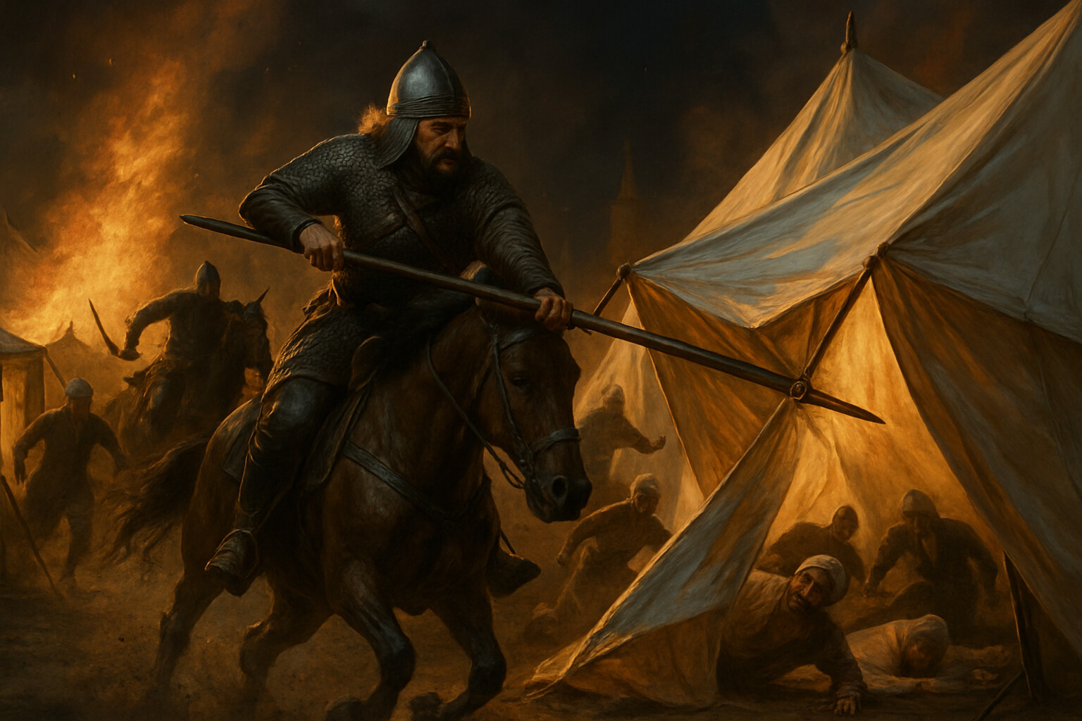 Action panel: The night attack. Wallachian cavalry explodes through the outer tent lines of the Ottoman camp in darkness. Tents are burning. Men run. Horses wheel. In the chaotic firelight, a Wallachian rider drives a lance through an Ottoman tent support, sending the fabric collapsing onto sleeping men.