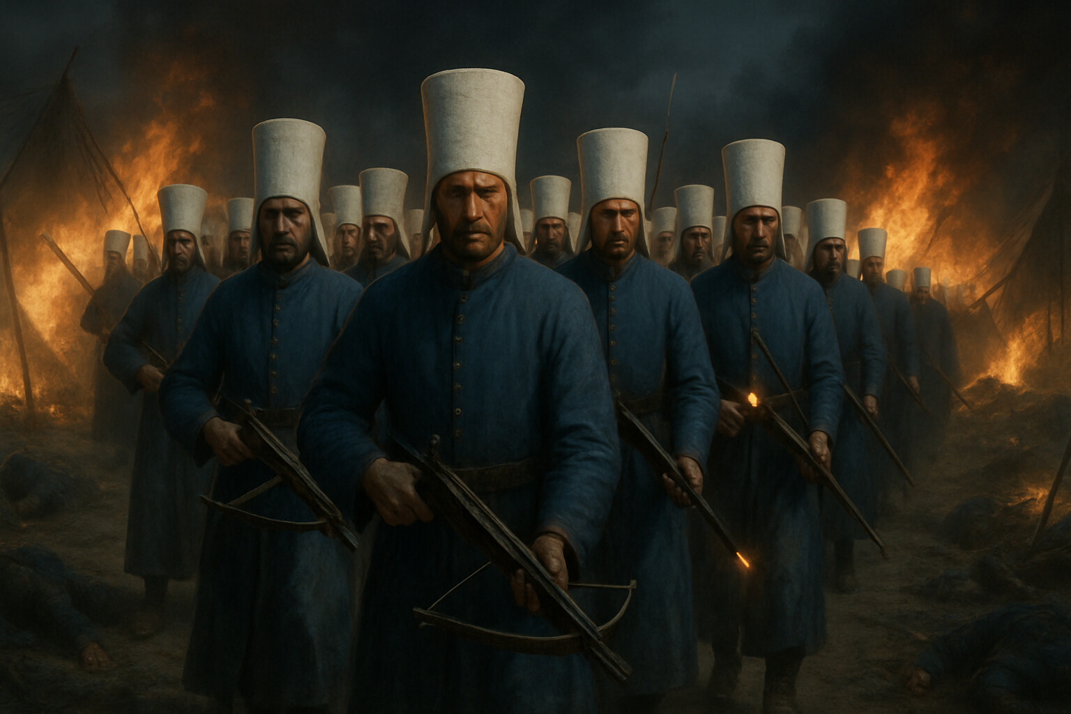 Tactical detail panel: Janissary counterattack. A disciplined formation of Ottoman janissaries — elite infantry in their distinctive white felt caps and blue robes, armed with crossbows and early firearms — advances in organized ranks through the burning camp, moving against the scattered Wallachian raiders.