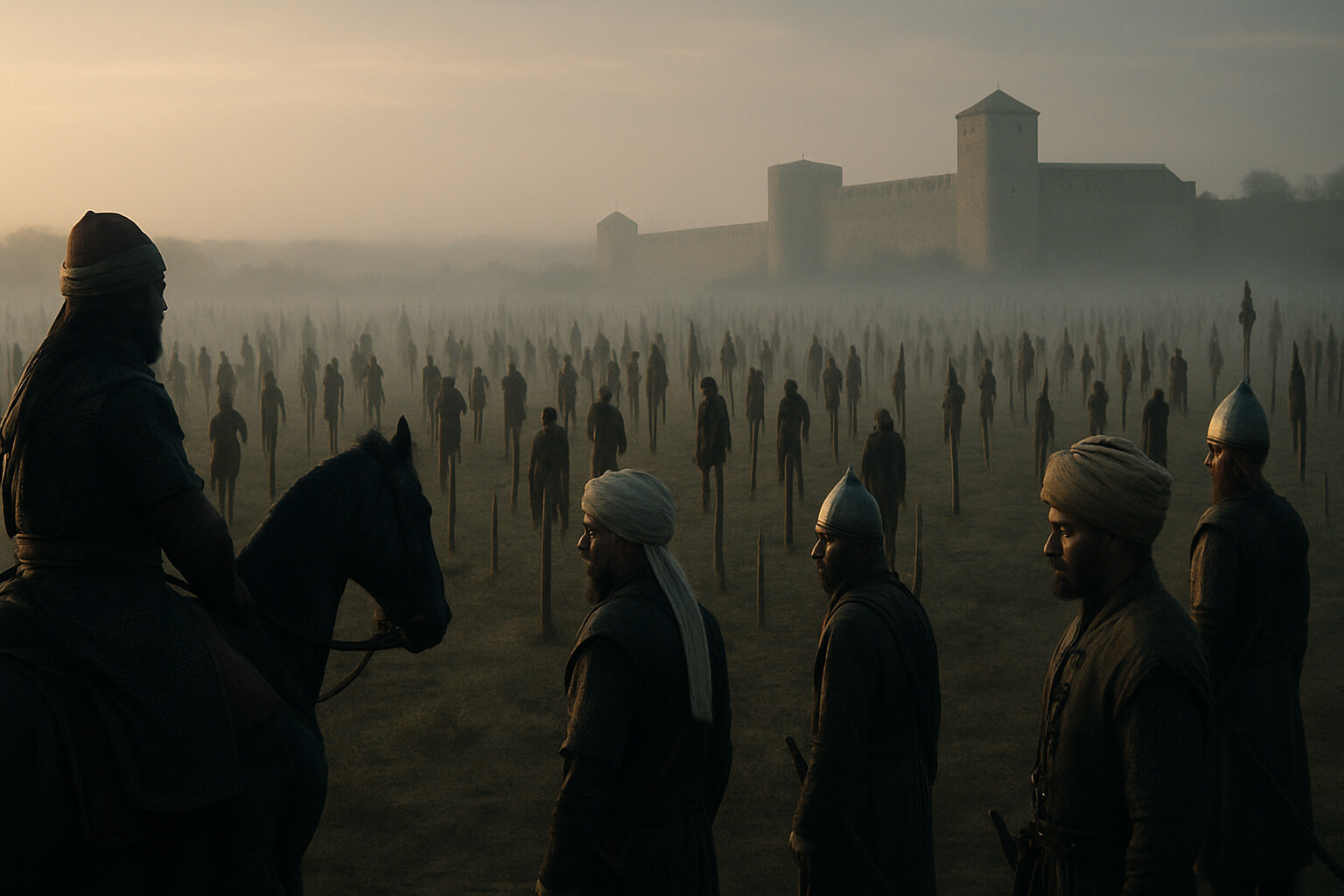 The aftermath at Târgoviște: The field of stakes. A column of Ottoman soldiers halts at the edge of a vast, silent field of impaled figures on stakes of varying heights. The scene is dawn or early morning. In the middle distance, Târgoviște's walls are visible, abandoned. The Ottoman soldiers in the foreground are still, looking.
