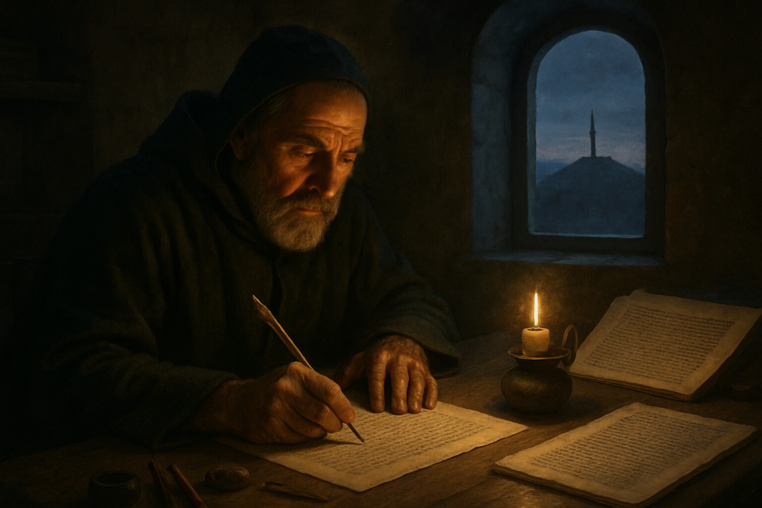 Legacy and record panel: A monastic scriptorium, late fifteenth century. A scribe — possibly a Greek Byzantine historian or a Saxon monk — writes by candlelight, a completed section of manuscript visible. Through the window behind him, a distant impaled silhouette on a hill. The image is about the act of recording what cannot be unseen.