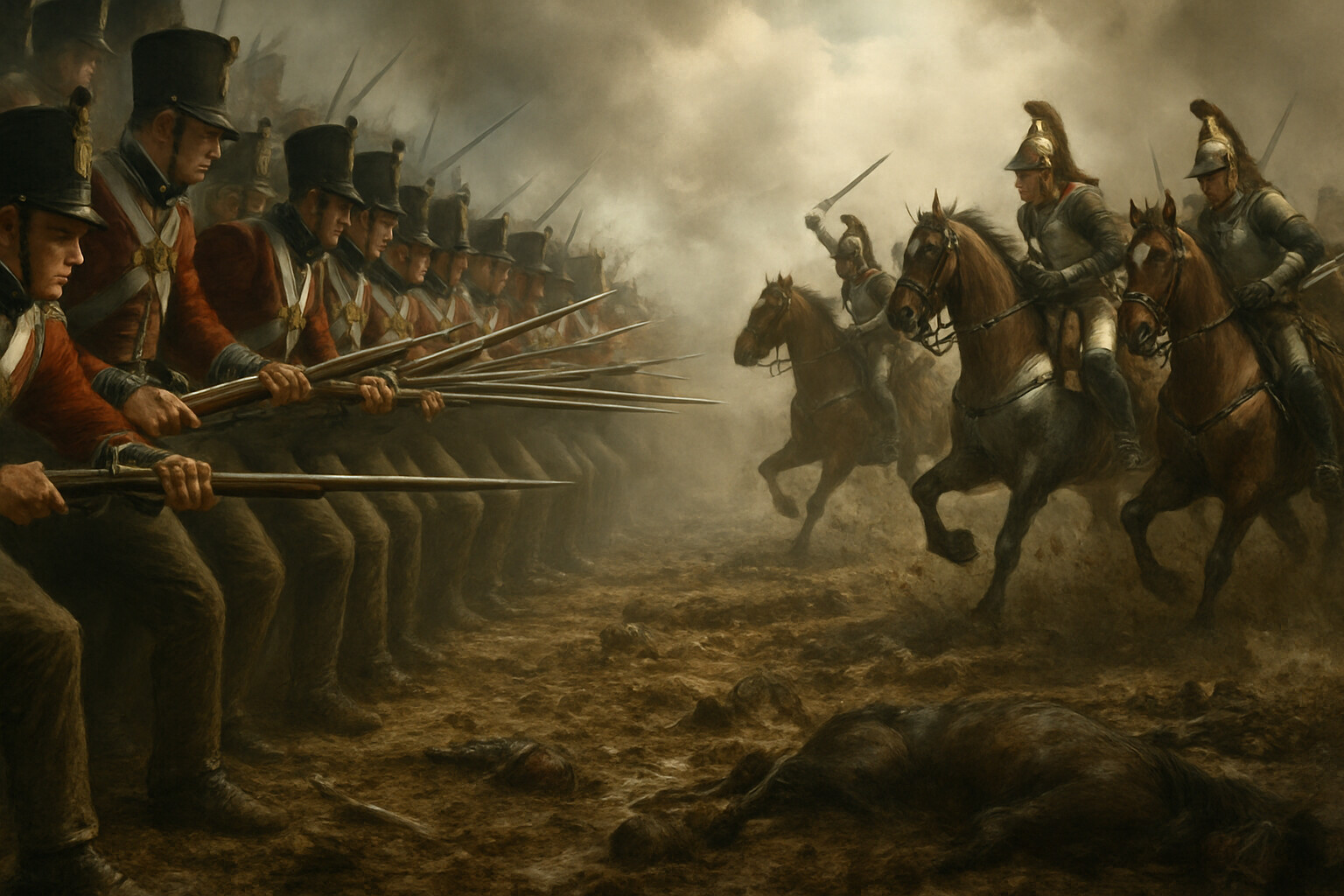 British infantry forming a square against French heavy cavalry — cuirassiers in steel armor charging across muddy ground toward bayonets. The square holds.
