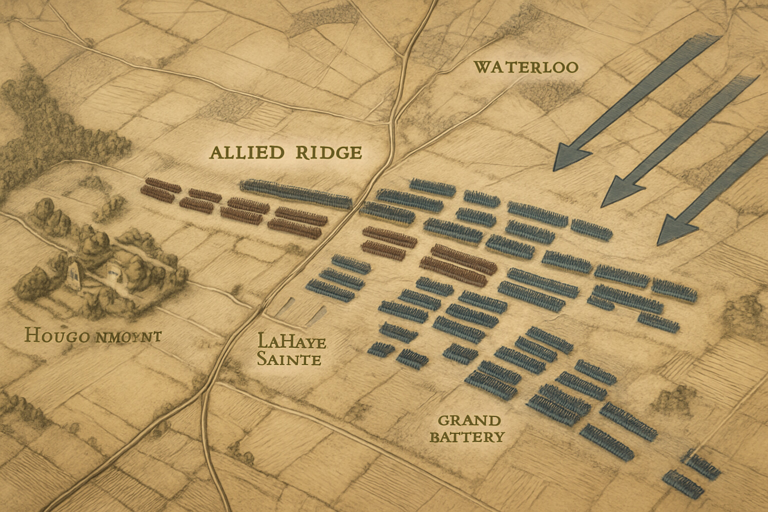 Annotated battlefield map showing the positions of Hougoumont, La Haye Sainte, the Allied ridge, the French positions, and the Prussian approach routes.