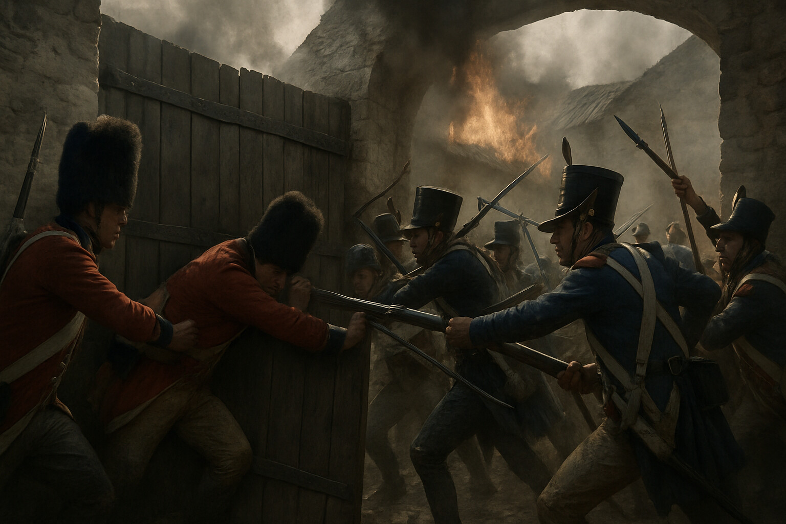 The gate of Hougoumont — British Guards soldiers straining to push the gate shut against French soldiers trying to force their way through. Close-quarters, desperate struggle inside the courtyard.