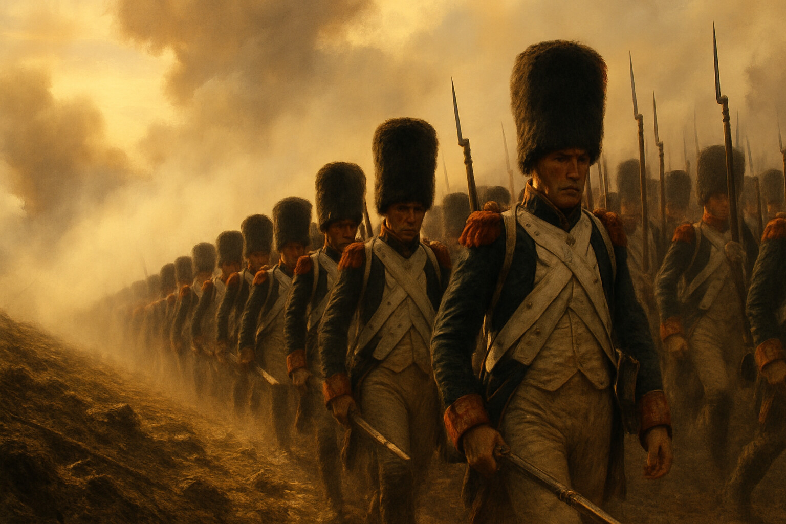 The Imperial Guard's advance up the ridge — column of tall bearskin-hatted veterans climbing through cannon smoke toward the Allied line, moments before being met by the rising Guards Brigade.
