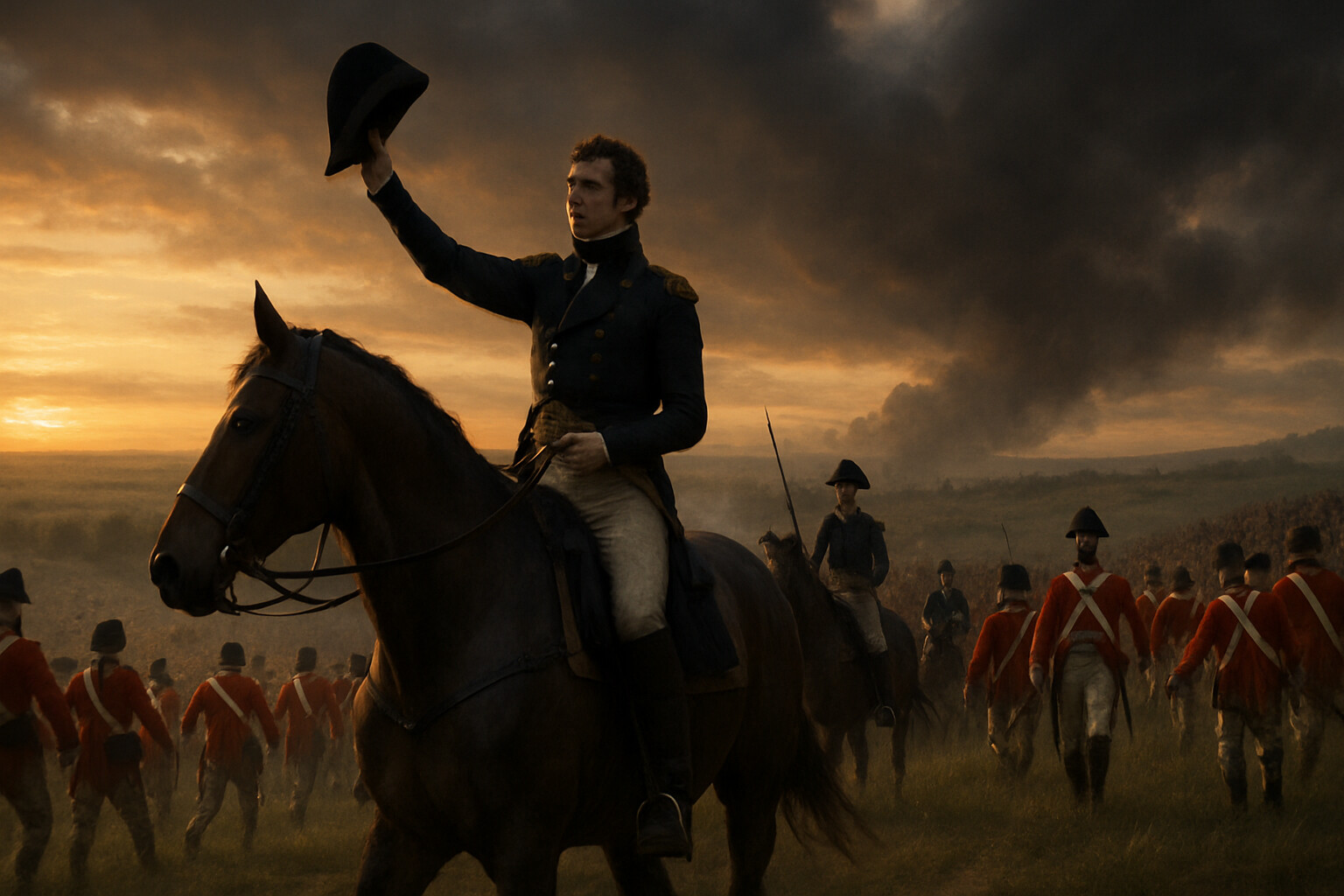 Wellington raising his hat to signal the general advance — the full Allied line moving forward as French forces begin to break. Evening light, the battle turning.