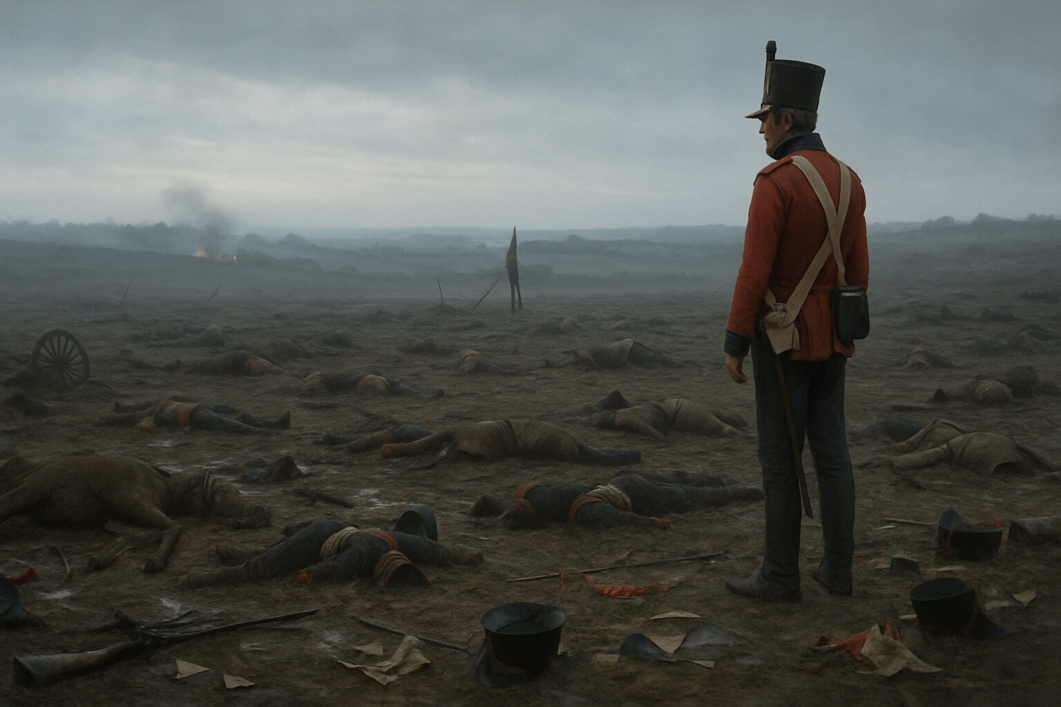 The aftermath — the Waterloo battlefield the morning after, with the dead of both armies and scattered equipment across the muddy ridge. A British soldier looks out over the field in the early morning light.