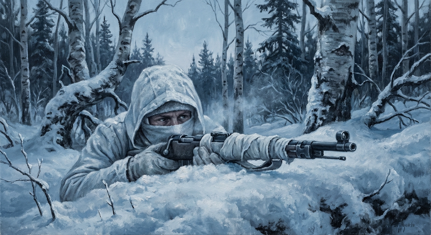 Häyhä in sniper position in the snow