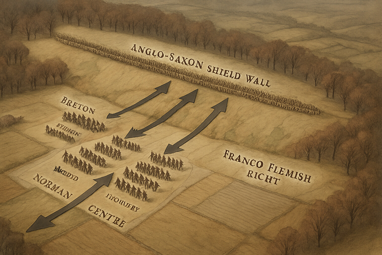 Battle map view: the Senlac Ridge position from above, showing the Saxon shield wall along the ridge crest, the Norman three-division formation in the valley below, and the topographic advantage of Harold's chosen ground.