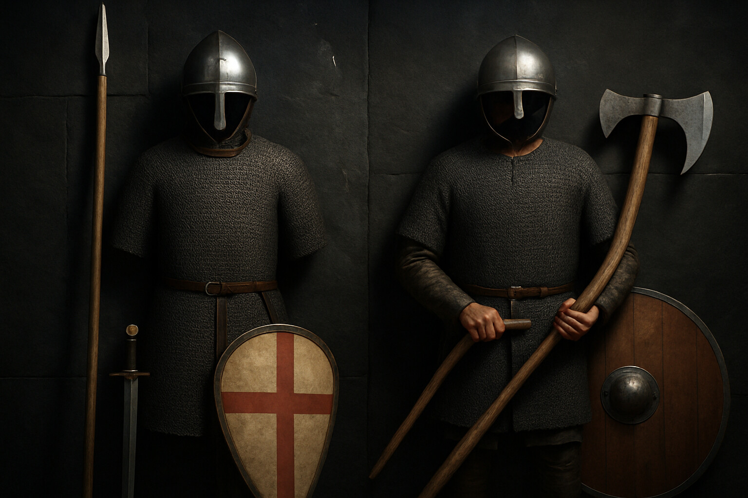 Equipment breakdown panel: a detailed flat-lay or standing display of the contrasting equipment of a Norman knight and an Anglo-Saxon huscarl side by side — showing kite shield, mail hauberk, conical helmet, lance, and sword on the left versus round shield, Dane axe, and simpler gear on the right.