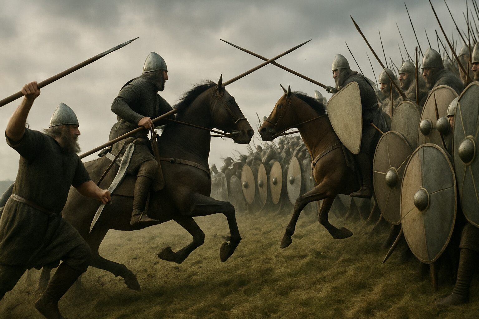 Action scene: Norman cavalry charging uphill toward the Saxon shield wall. Horses at full gallop, lances leveled, the riders braced in stirrups. The shield wall ahead is a solid mass of overlapping round shields and spear points. A Saxon huscarl is visible swinging a Dane axe at an approaching horse.