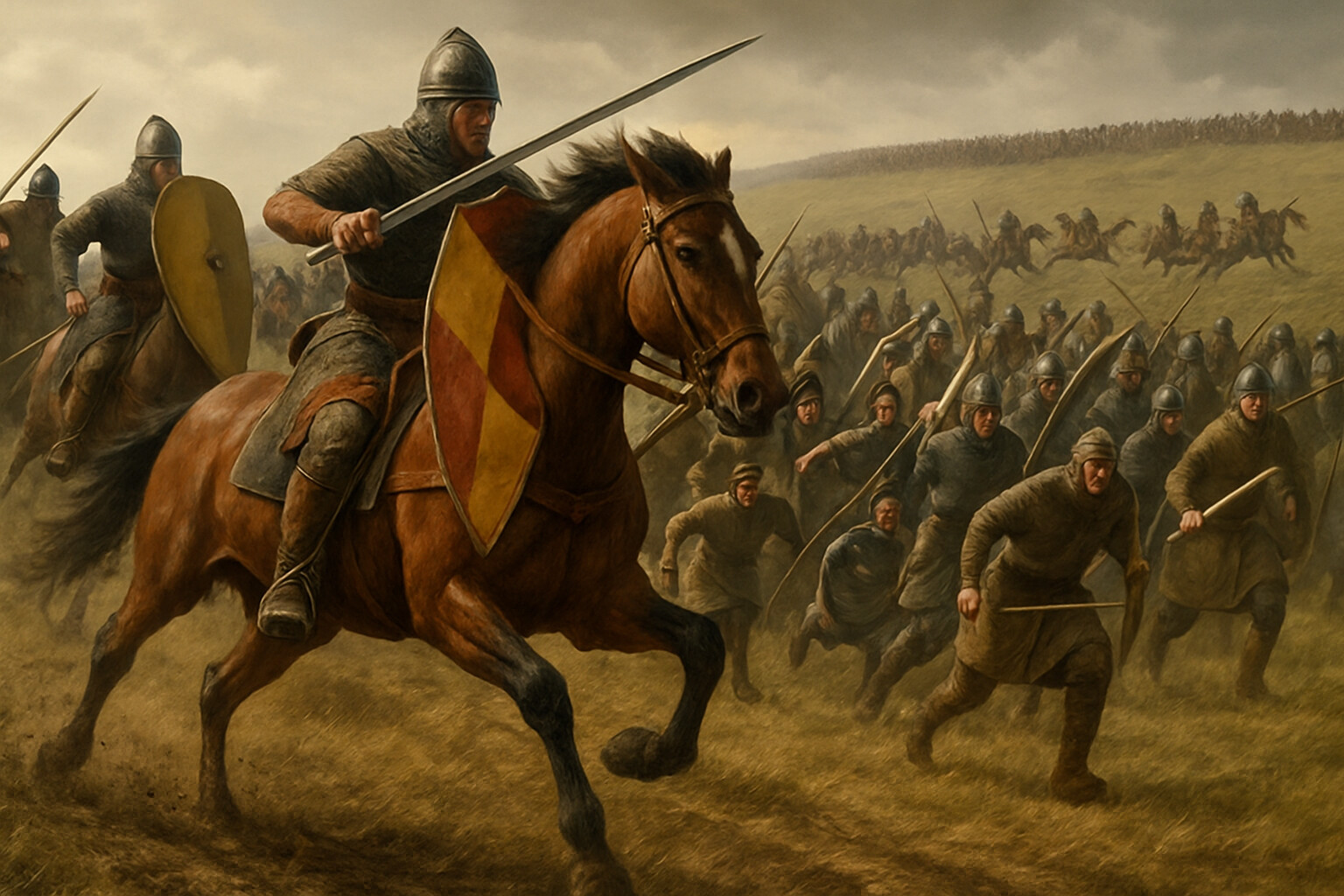 The feigned retreat: Norman cavalry fleeing downhill, appearing to rout, while Saxon fyrdmen break formation and pursue them in disorder. In the background, other Norman cavalry are wheeling to turn and cut off the pursuers.