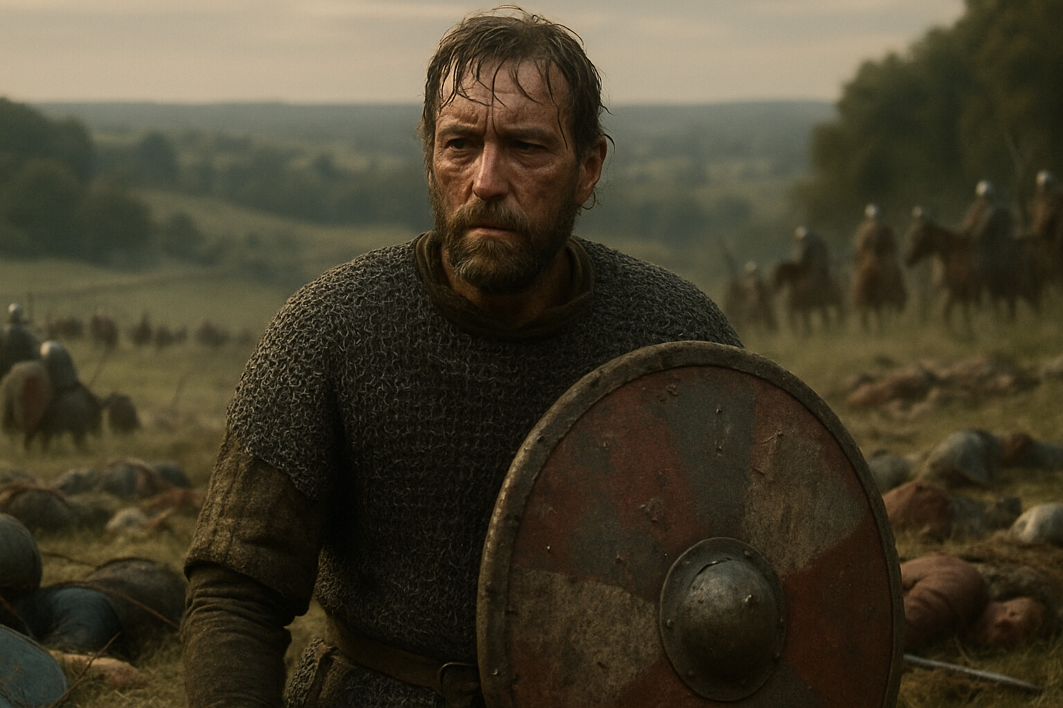 Intimate human moment: an exhausted Anglo-Saxon huscarl in the late afternoon, shield raised, surrounded by the dead on the ridge. His face shows the physical strain of hours of combat. The Norman lines are visible in the valley below, reforming for another push.
