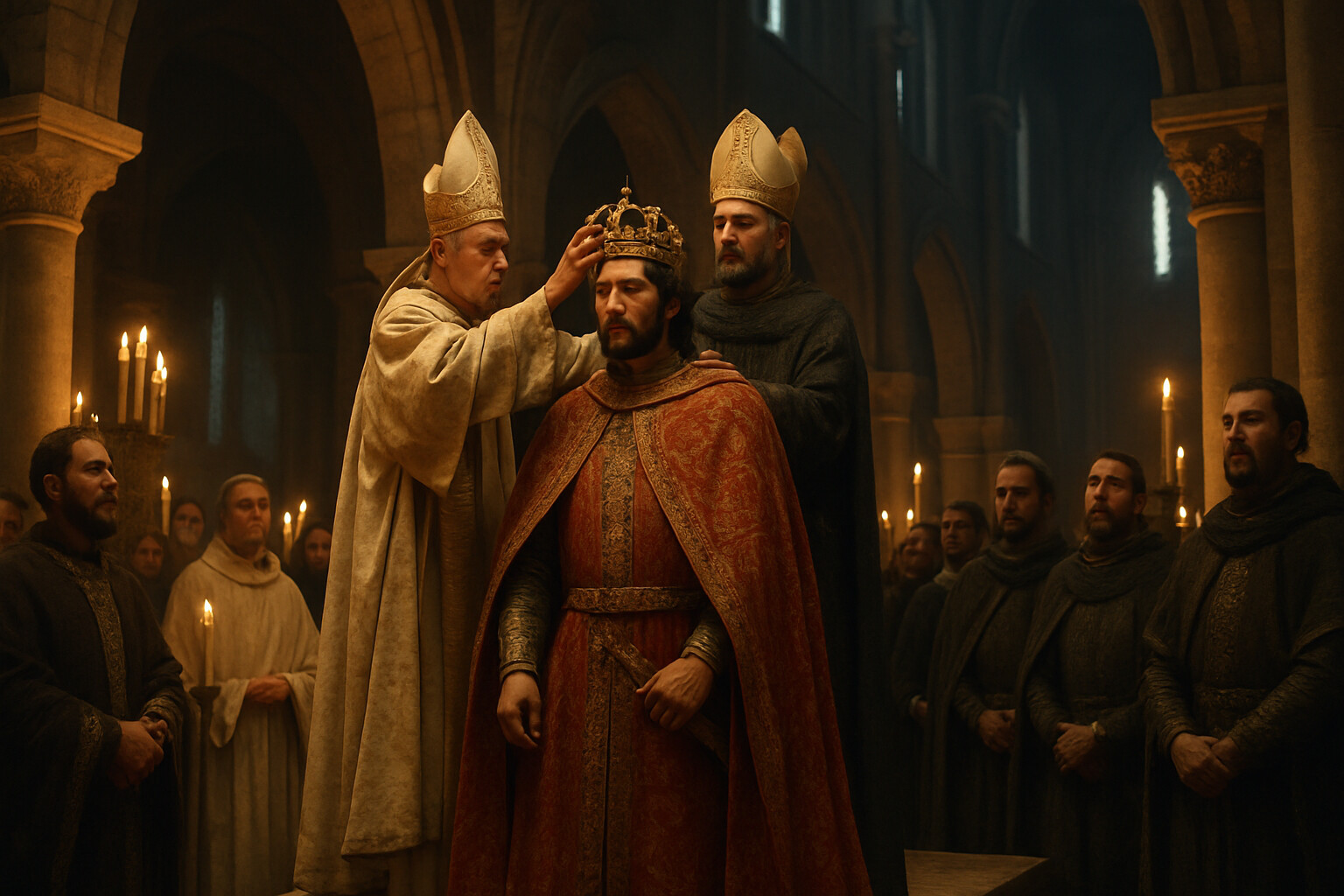 Aftermath and legacy: William's coronation at Westminster Abbey on Christmas Day 1066 — the moment the battle's outcome was formalized. The new king in ceremonial dress, the Abbey interior illuminated by candles, bishops and Norman lords in attendance. The transfer of a kingdom rendered as a visual capstone.