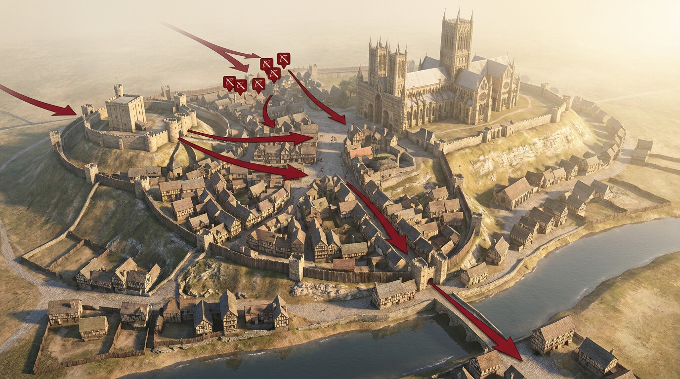 A map-style overview of Lincoln in 1217: the city on its hill, the castle on the left (northwest), the cathedral visible on the crest, the lower city streets below, and the River Witham to the south. Royalist force arrows approaching from the west/north, with a crossbow position indicated near the wall and the cavalry charge route marked into the city streets.