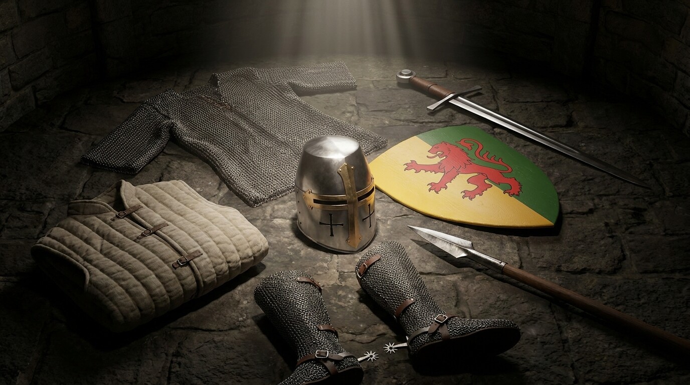 Equipment breakdown panel: a detailed spread of a 13th-century knight's equipment laid out systematically — great helm, mail hauberk, padded gambeson, heater shield with heraldic blazon, lance with coronel, knightly sword, mail chausses, spurs. Each item is clearly visible and historically accurate, with dramatic lighting on a neutral stone surface.