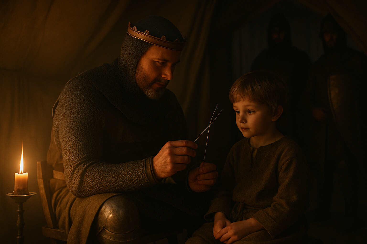Intimate human scene: Young William, approximately five or six years old in rough medieval child's clothing, sitting on King Stephen's knee inside a campaign tent. Stephen — a middle-aged man in mail with a circlet — holds grass stalks and is playing at mock-knights with the child. Guards and courtiers stand at the entrance. The scene is ambiguous: warm and human in the foreground, but the child is clearly a hostage and the armed men at the tent's edge are a reminder of the threat.