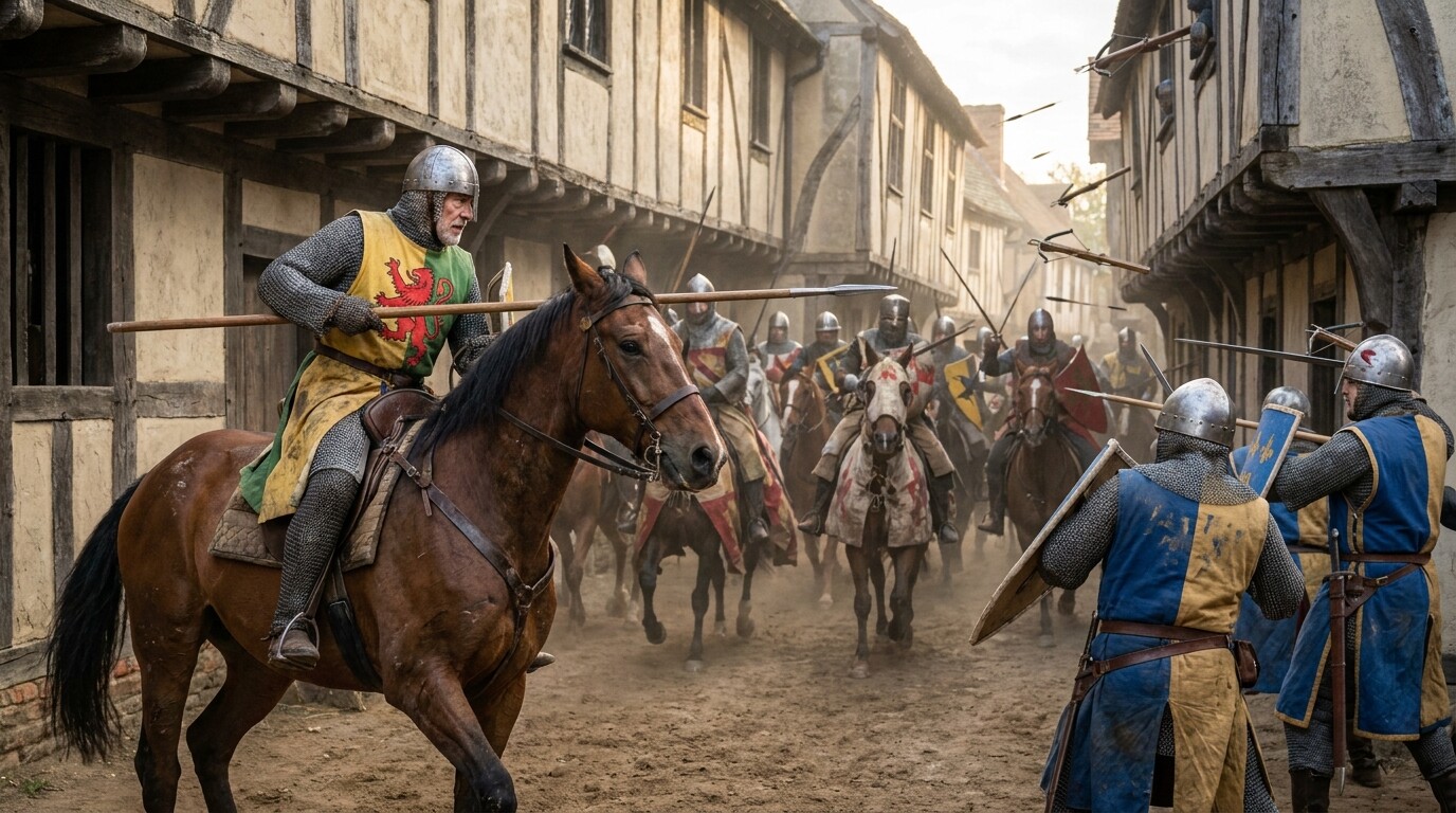 The cavalry charge: Marshal at the front of the royalist charge into Lincoln's city streets. Narrow medieval streets, timber-frame buildings close on either side. A mass of mounted knights in mail and heraldic surcoats behind him. Marshal's lance is forward. The street ahead is filled with French knights and infantry. Crossbow quarrels are visible striking the far end of the street from above. Dust, noise, and the compression of men and horses in a confined space.