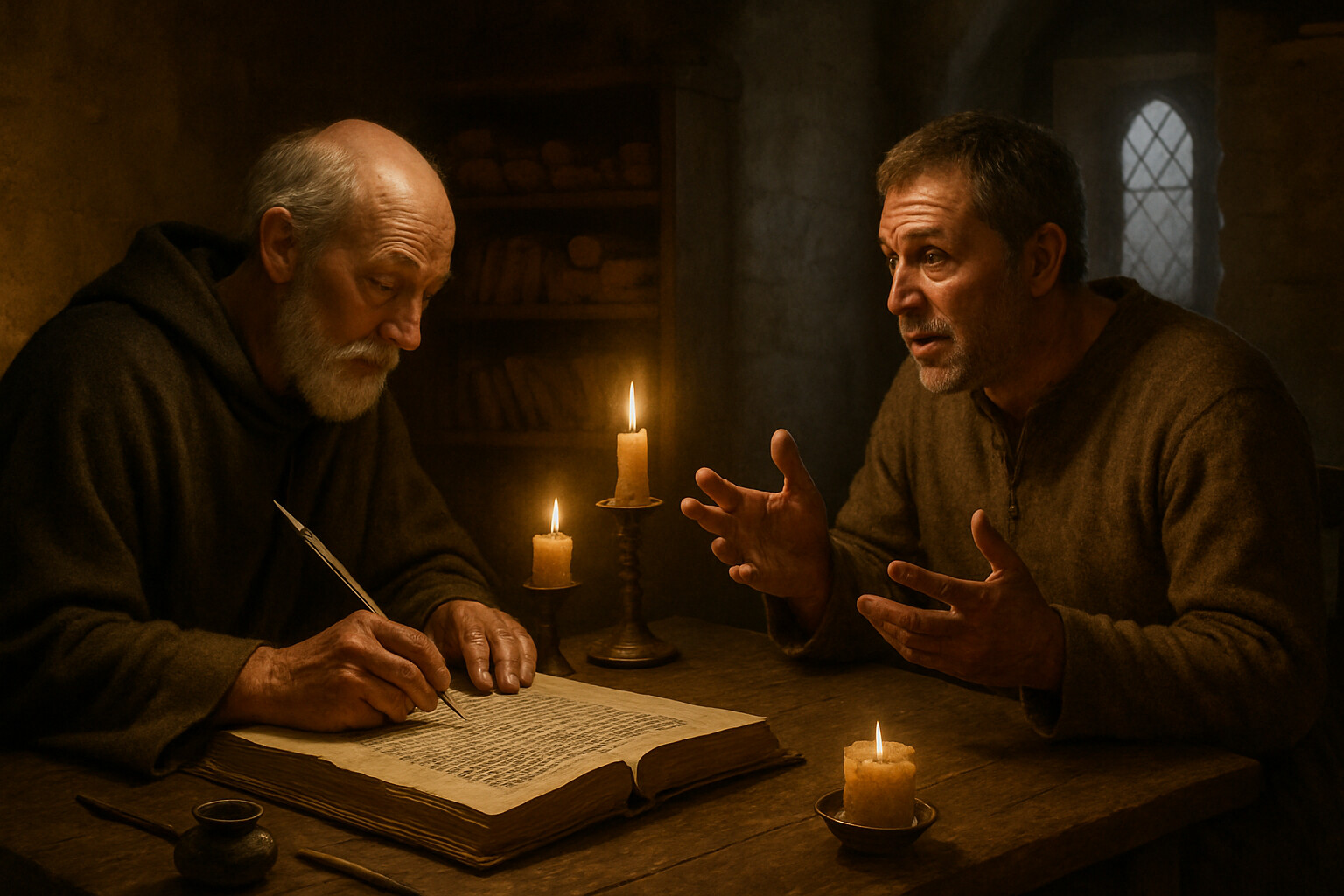 Aftermath and record scene: The Great Hall of a medieval English manor or castle, 1226. An elderly scribe-poet sits opposite a middle-aged man — John of Earley, Marshal's former squire — who speaks with gestures. The scribe writes in a vellum manuscript. Candles illuminate the work. An open manuscript page is visible showing the beginning of what will become the Histoire de Guillaume le Maréchal. The mood is reflective and memorial.