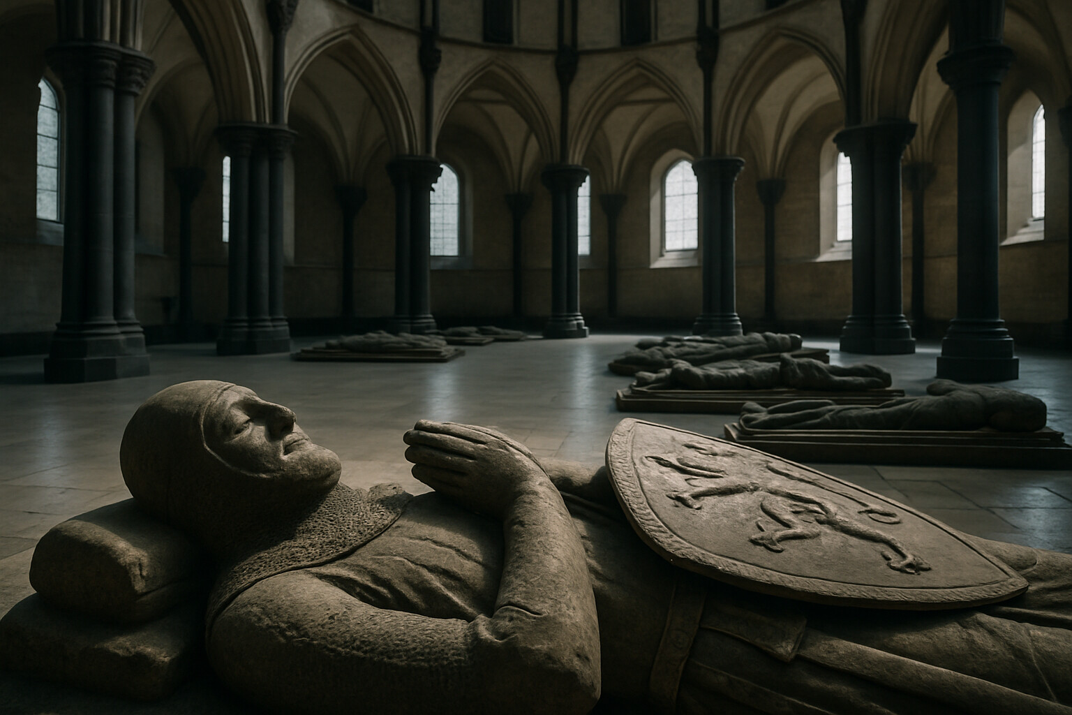 Legacy panel: The Temple Church in London, present day or near-present day. The round nave of the church with its stone effigies of knights on the floor. In the foreground, the effigy of William Marshal — a carved stone figure in full 13th-century armor, hands clasped in prayer, lying on the floor of the round nave. The effigy is worn by time but clearly detailed. Light filters through the church's Romanesque windows. The mood is quiet, ancient, and dignified.