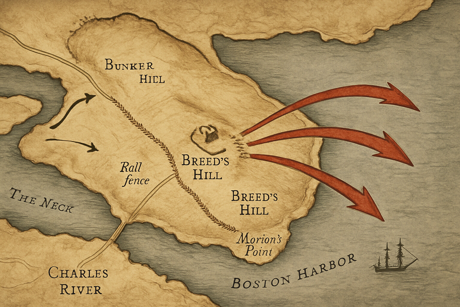 Map/tactical overview panel: The Charlestown peninsula as it appeared in 1775 — a roughly thumb-shaped landmass with two prominent hills, Boston Harbor to the south and east, the Mystic River to the north. The colonial redoubt on Breed's Hill marked, the rail fence extending north, British landing point at Morton's Point, and the three assault arrows sweeping up the slope.
