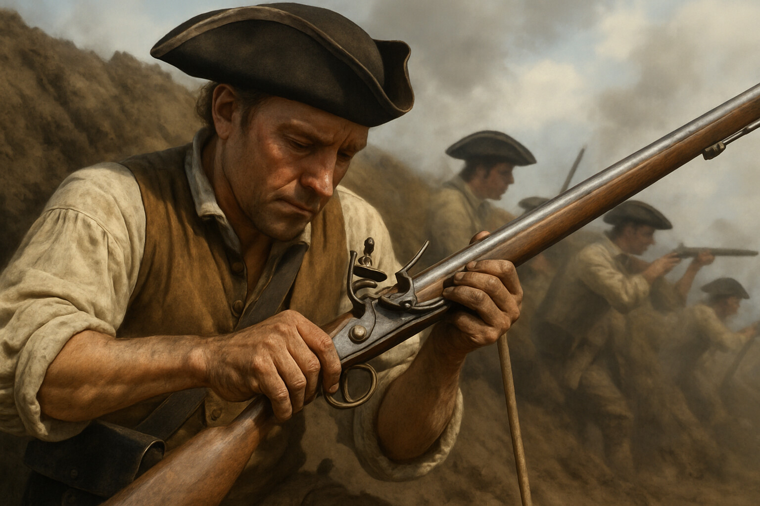 Equipment/weapon breakdown panel: A colonial militiaman loads a Brown Bess musket, with the steps of the flintlock loading procedure visible. Cartridge box at his hip, the ramrod in hand. Expression focused. Other defenders visible in the background behind an earthen wall.