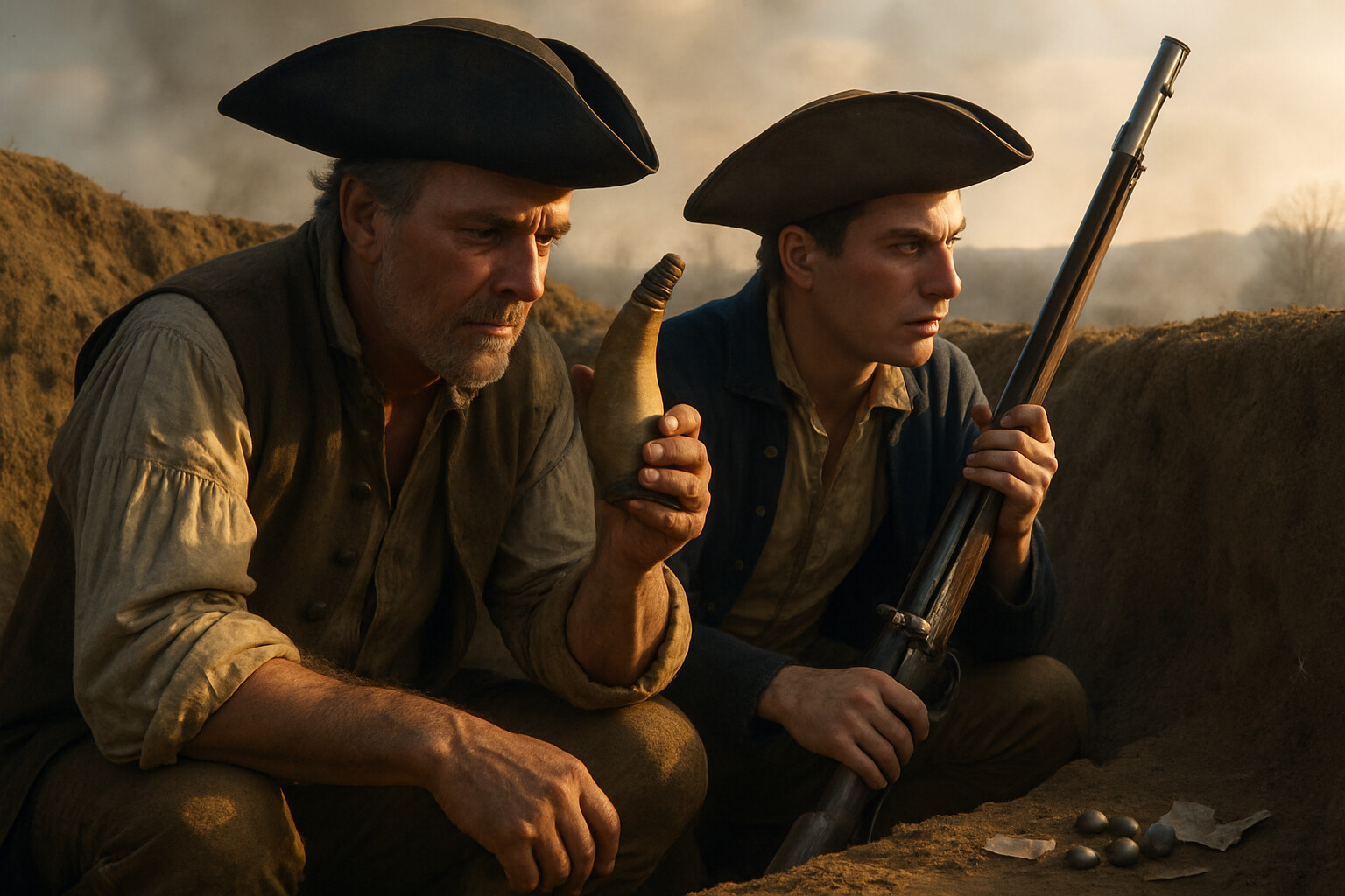 Intimate human scene: Two militiamen hunched behind the earthwork wall between assaults. One is an older man checking his powder horn and finding it nearly empty. The other younger man watches the slope below in silence. Both understand what the empty powder horn means. Late afternoon light, heavy with tension.