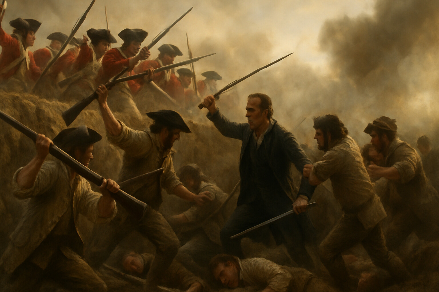 Main action scene: The third British assault — redcoated infantry climbing over the parapet of the redoubt with bayonets fixed, colonial defenders fighting back with muskets reversed as clubs and bare hands. Smoke, chaos, close quarters. Prescott-like figure visible near the center, sword drawn.