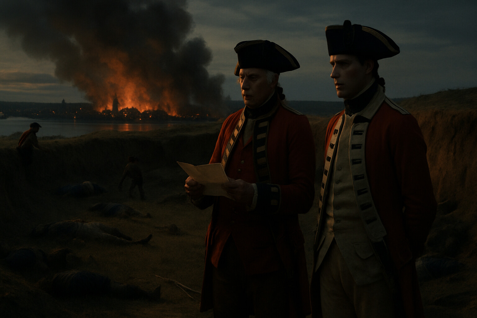 Aftermath/record scene: British officers survey the captured redoubt at dusk. Dead visible on the slope and inside the earthwork. One officer holds a paper — dispatch or after-action note. In the background, Charlestown village is still burning. The mood is subdued, not triumphant.