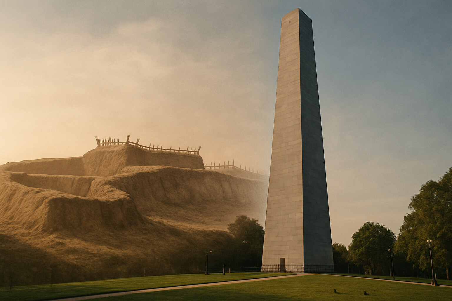 Story-specific legacy visual: The Bunker Hill Monument as it stands today in Charlestown, seen from below in morning light, with a ghosted historical overlay showing the original earthwork redoubt in its approximate position relative to the monument. Juxtaposition of the living memorial site and the event it marks.