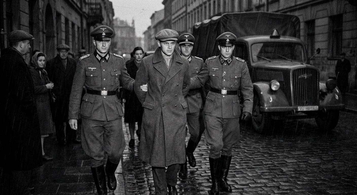 Prisoners in striped uniforms stand under the gate while guards and dogs patrol nearby.