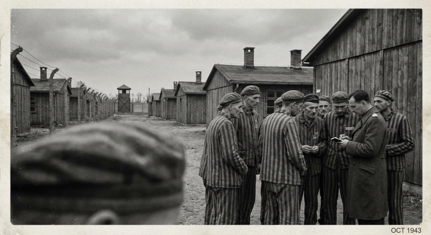 A secret message is passed between work details while smoke hangs over the camp.