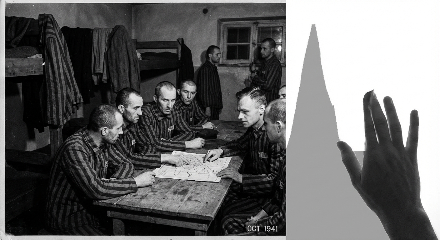Night covers a bread bakery and outer work detail as Pilecki prepares his escape.