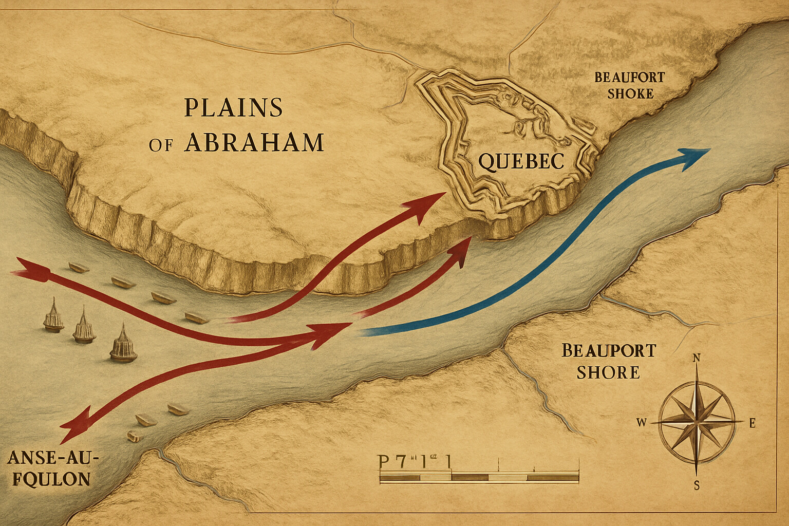 Map and route panel: A detailed period-accurate illustrated map of the Quebec City area showing the St. Lawrence River, the cliffs, the city walls, the Plains of Abraham plateau, Anse-au-Foulon cove, and the Beauport shore. Arrows show the British boat route from the fleet to the cove and the ascent up the cliff. The French main camp at Beauport and Bougainville's position to the west are marked. Scale and compass rose included. Historical cartographic style with modern clarity.