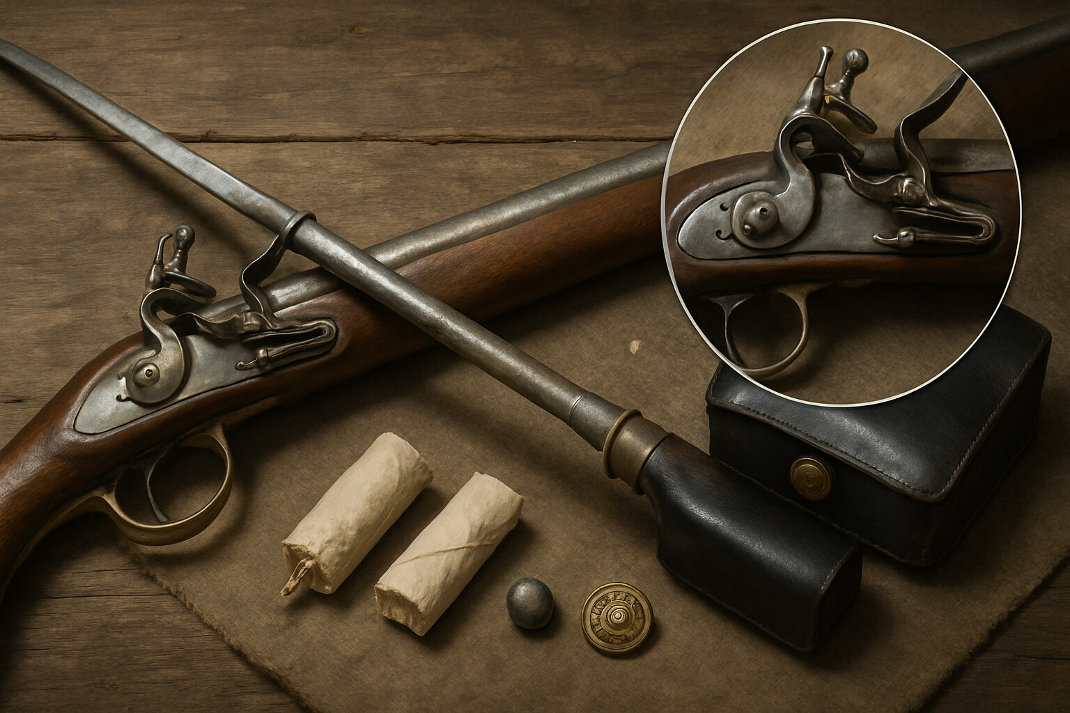 Equipment detail panel: A detailed close-up illustration of the British Long Land Pattern musket ('Brown Bess') laid flat, with the socket bayonet fixed, on a rough wooden surface or military blanket. Surrounding it are items of a British regular soldier: a paper cartridge, a lead musket ball, a black leather cartridge box, a brass button with regimental marking, a flintlock detail showing the flint and frizzen mechanism. Lighting is sharp and museum-quality, showing the texture of the walnut stock, the brass furniture, and the iron barrel.