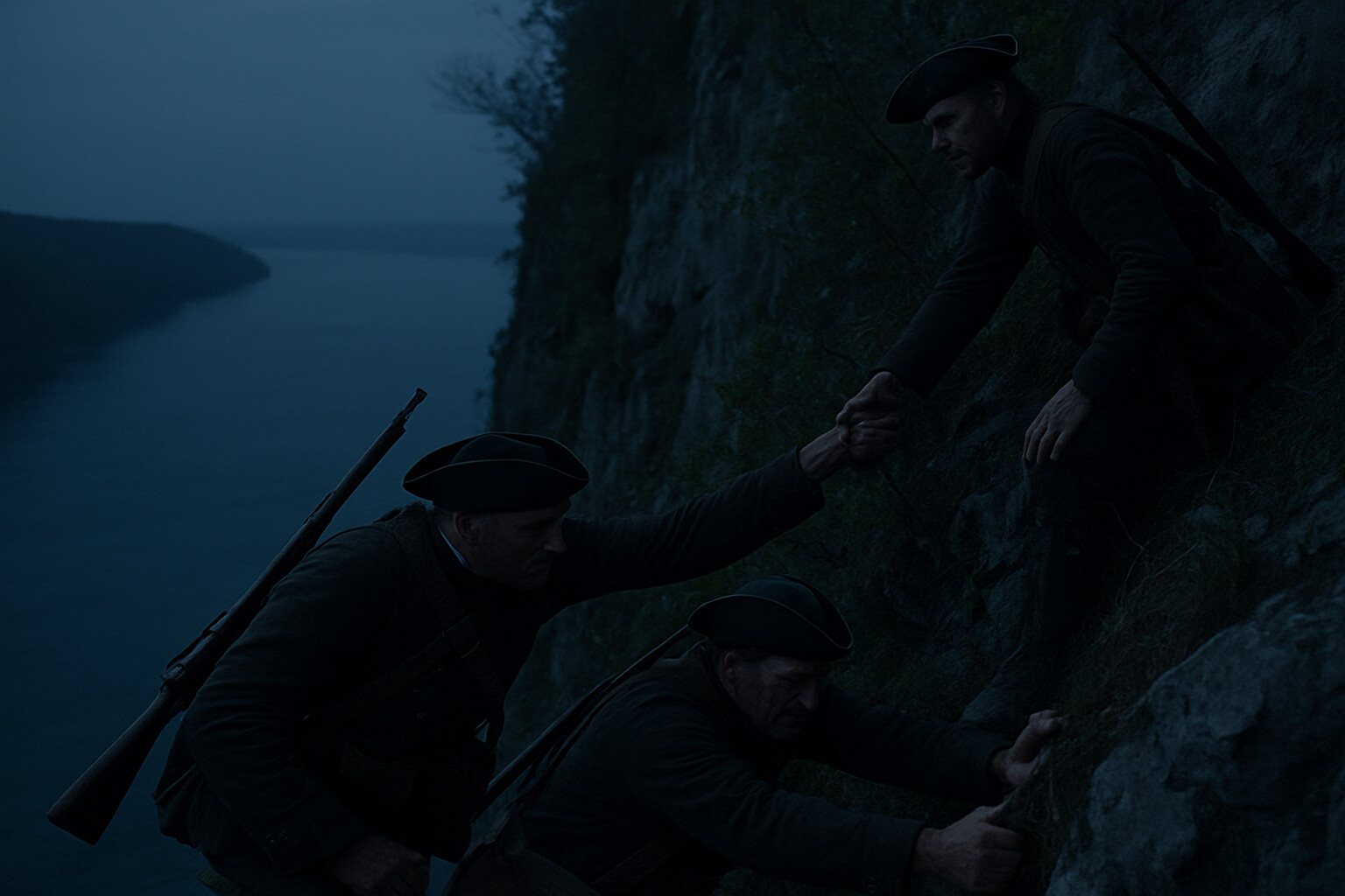 Intimate human scene: British light infantry soldiers on the narrow cliff path in darkness, one soldier helping pull another over a rocky ledge. Their faces are strained, concentrated, silent. Muskets are slung over backs to free hands for climbing. The drop below them is visible—a sheer fall to the river. The cliff face is limestone, brush-covered, with roots and crevices used as handholds. One soldier looks down involuntarily, his face tight.