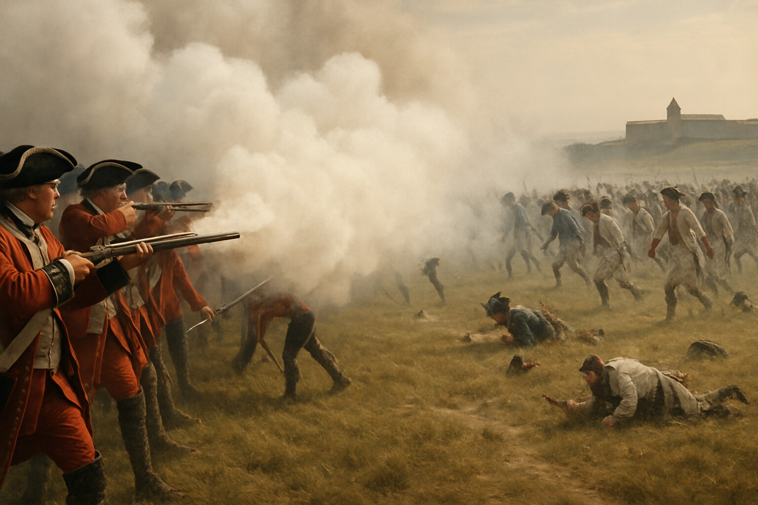 Main action panel: The decisive moment. The British line on the Plains of Abraham—two ranks deep, red coats, white cross-belts, Brown Bess muskets with bayonets fixed—fires its coordinated volley at very close range into the advancing French line. The muzzle smoke is enormous, billowing forward from the entire line simultaneously. The French formation in white and blue coats is visible through the smoke, beginning to break. Morning light, open plateau farmland, Quebec city walls in the far background.