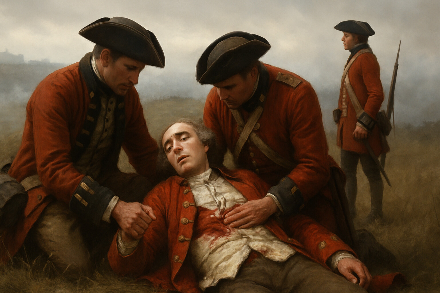 Aftermath and record scene: Wolfe, mortally wounded, is supported by two or three soldiers on the plateau. He is on the ground or just barely upright, his red coat open or damaged, his face very pale. Soldiers around him are not theatrical—they are looking at his wound, one with a hand on his chest, one has his hand, a third looks toward the battle. In the background, the plateau with smoke still drifting, the distant sounds of pursuit implied but not shown. The scene is quiet, factual, not staged for heroism.