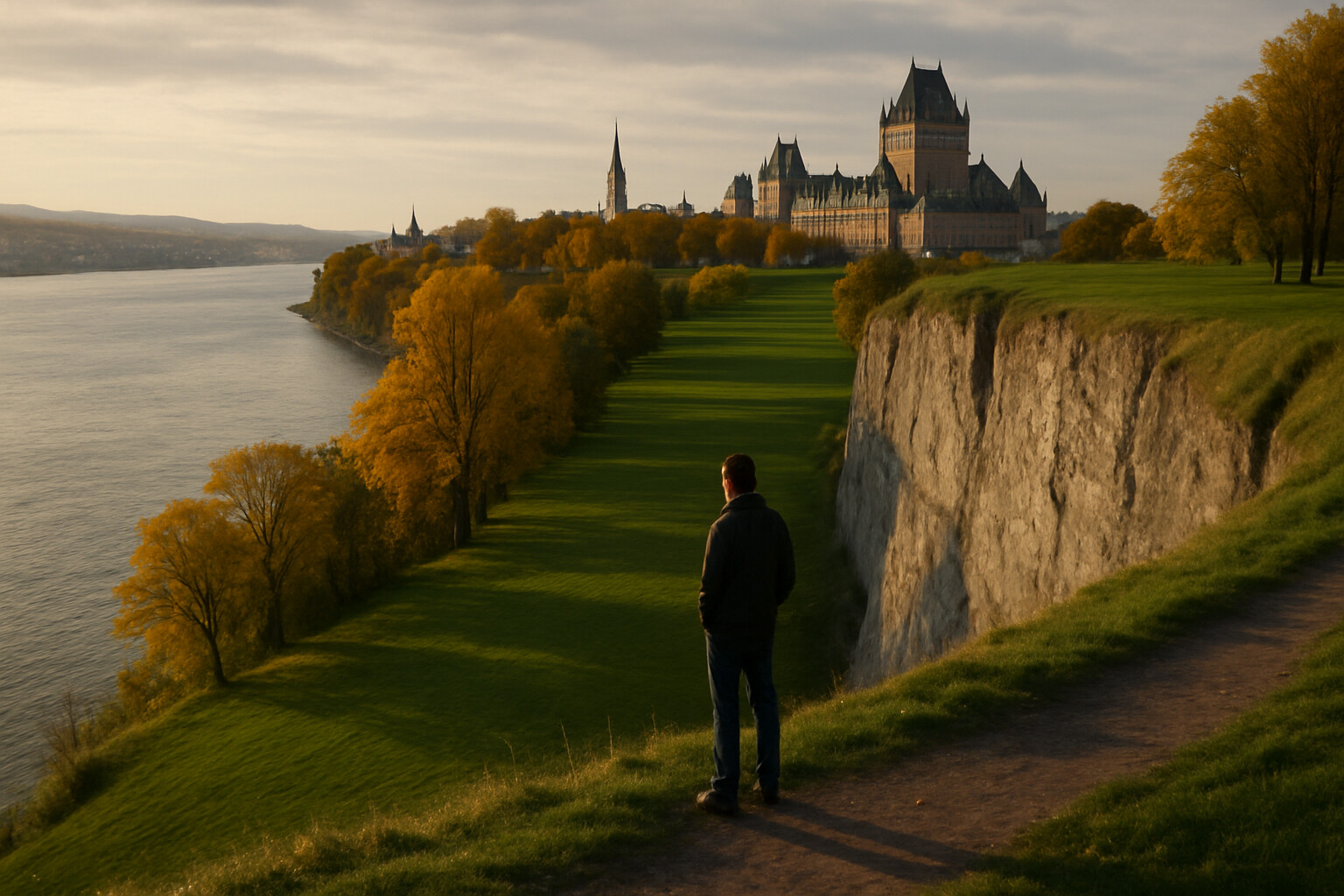 Legacy panel: The Plains of Abraham today—a wide open green park above the St. Lawrence River, the cliff edge visible, the river broad and grey-blue below, the modern city of Quebec visible in the background. A lone figure—a visitor in modern clothing—stands at the cliff edge looking out over the river. The scale of the cliffs is visible: the sheer drop, the distance to the water, the same limestone face the soldiers climbed. A sense of layered time: this ordinary open space where something extraordinary happened.