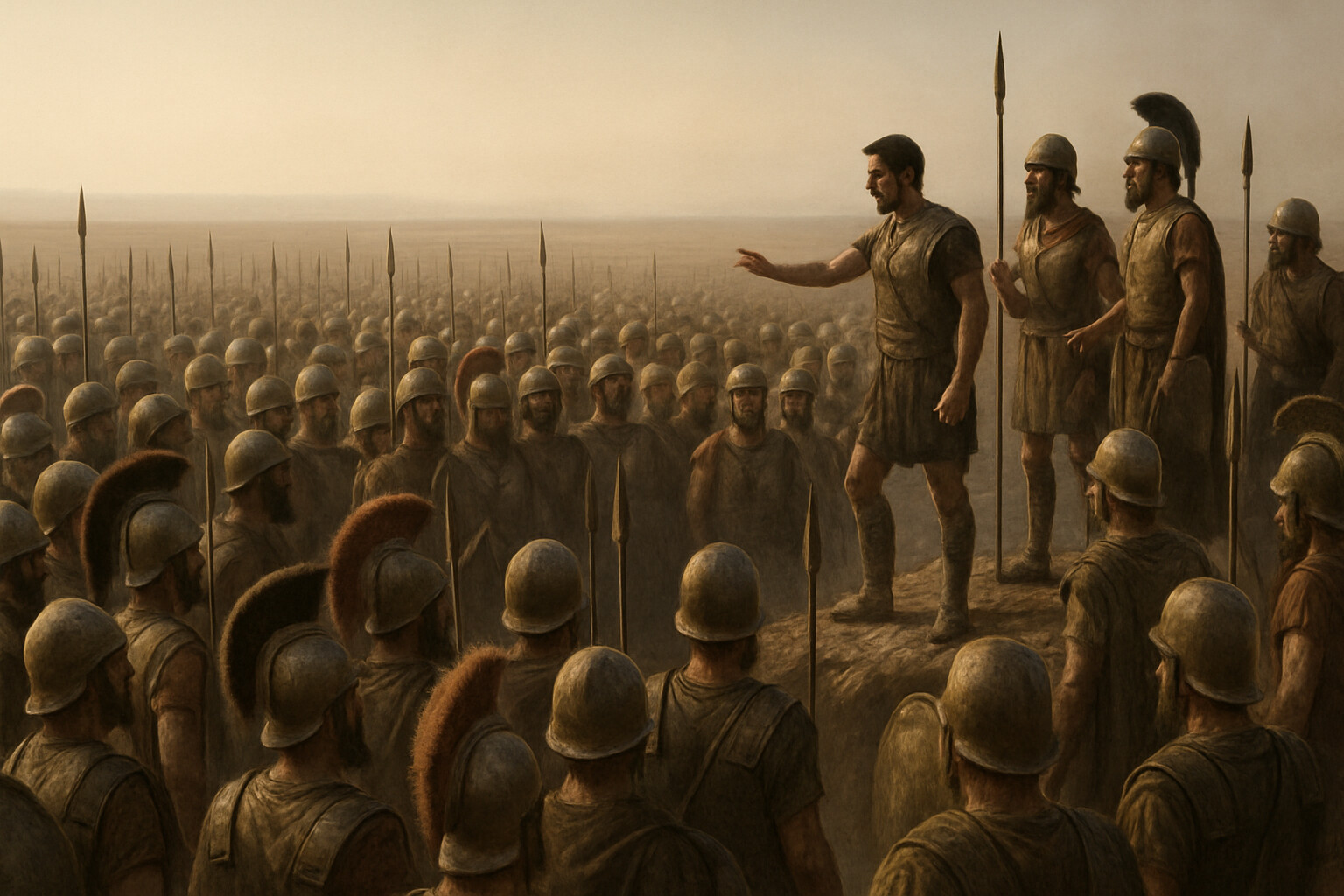 The assembly: Greek soldiers gathered in a formation on the plain, voting to elect new commanders. Officers stand on an elevation speaking to the assembled men. This is democracy under arms — a military force making collective decisions about its own survival.