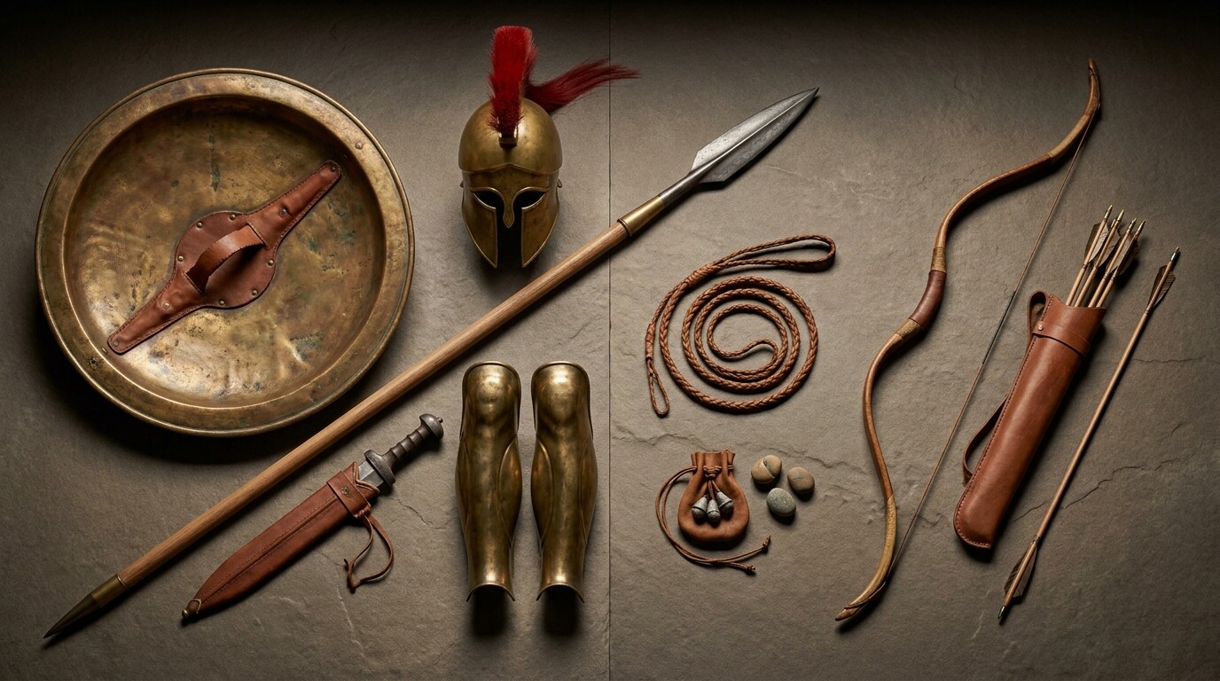 Tactical weapons and equipment comparison: a detailed reference panel showing the equipment of the Greek hoplite — aspis shield, doru spear, xiphos sword, Corinthian helmet, linen corselet — alongside a Rhodian slinger's equipment and a Cretan archer's bow and arrows. Museum-reference level accuracy.