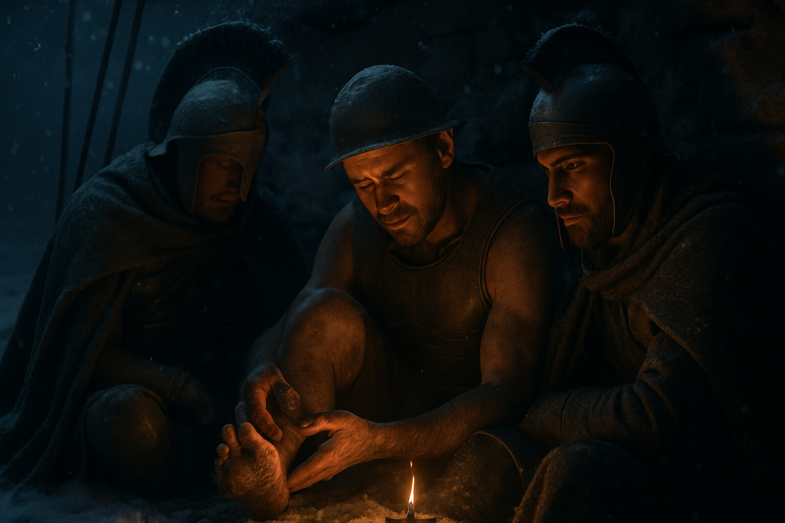 Human cost and intimacy: Greek soldiers in winter on the Armenian plateau. Snow, darkness, men huddled together for warmth. One soldier removes a sandal to reveal frostbitten toes. A companion looks on, unable to help. The scale of the disaster made intimate.
