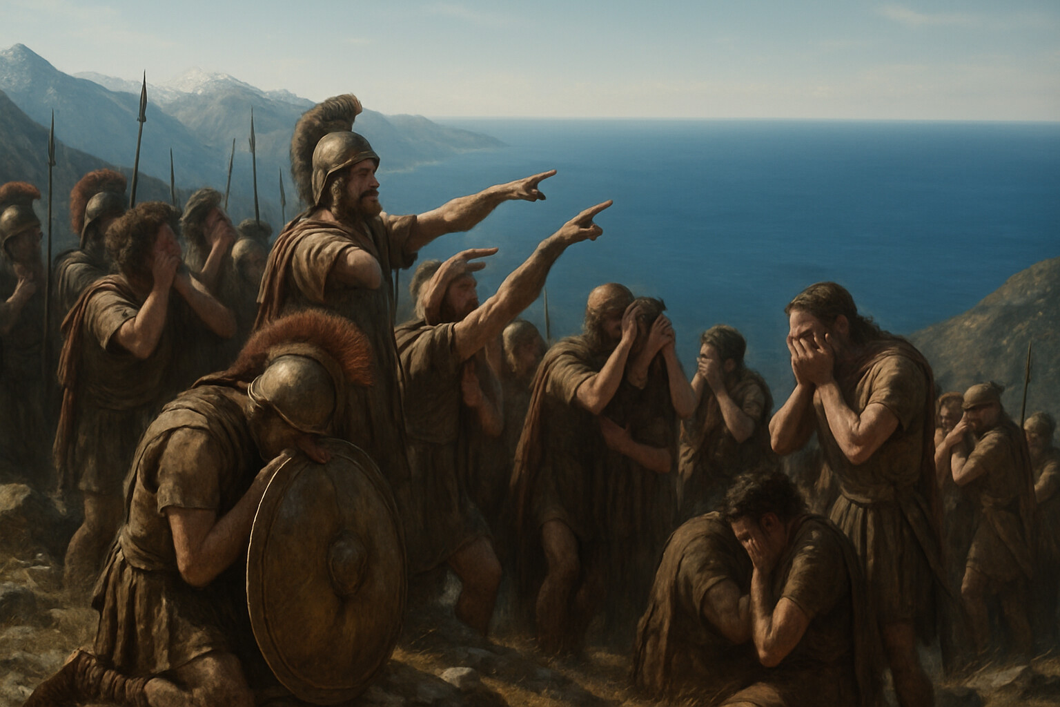 The moment of 'Thalatta': soldiers at a mountain height see the Black Sea for the first time. Some are weeping, some embracing, some pointing. The sea is visible in the distance. The emotional release of months of march and survival at the sight of that blue horizon.