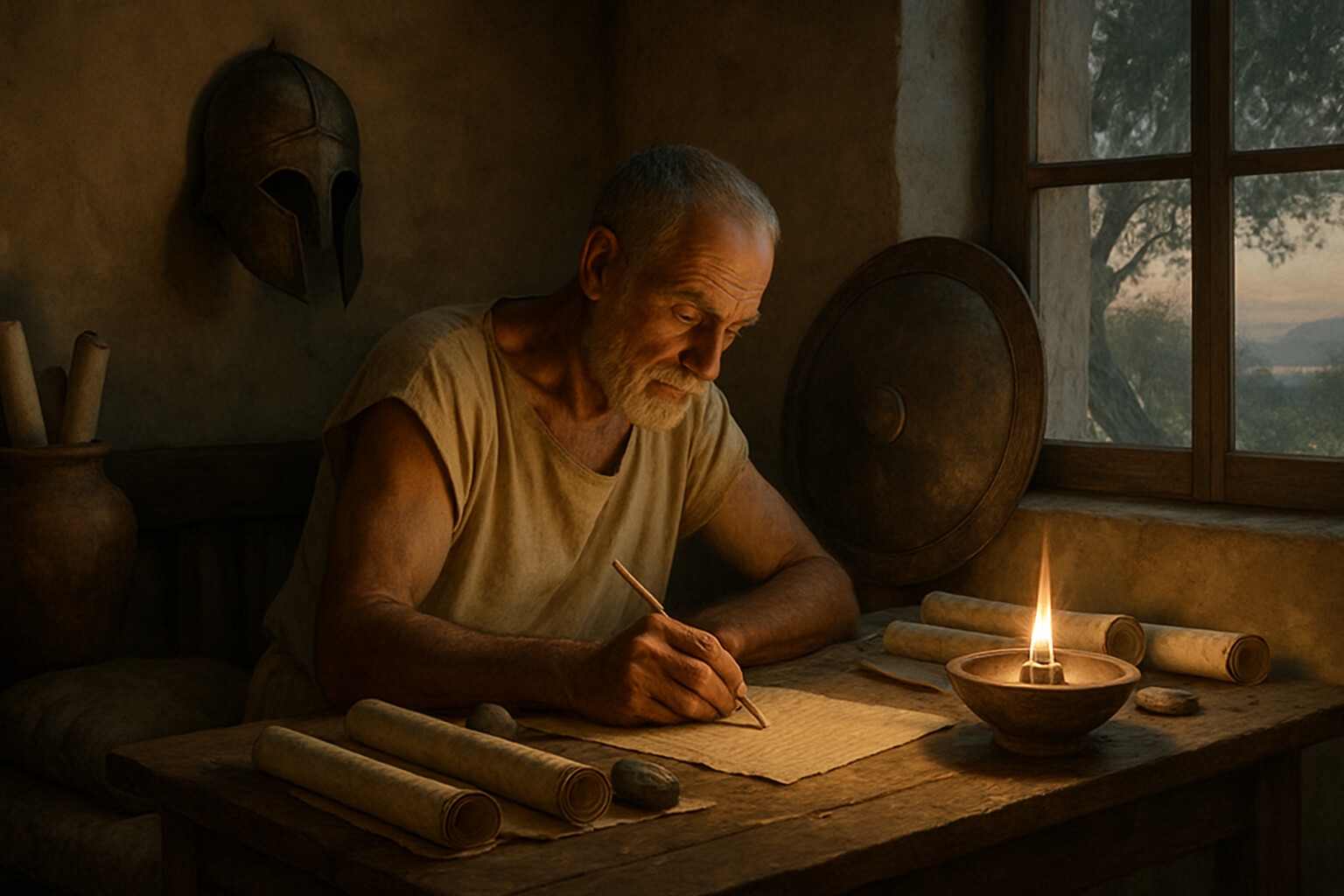 Record and source: a scribe or the author himself writing by lamplight. A reconstruction of the moment of composition — Xenophon at an estate in the Greek countryside, years after the march, writing the Anabasis from memory and notes. The act of making history permanent.