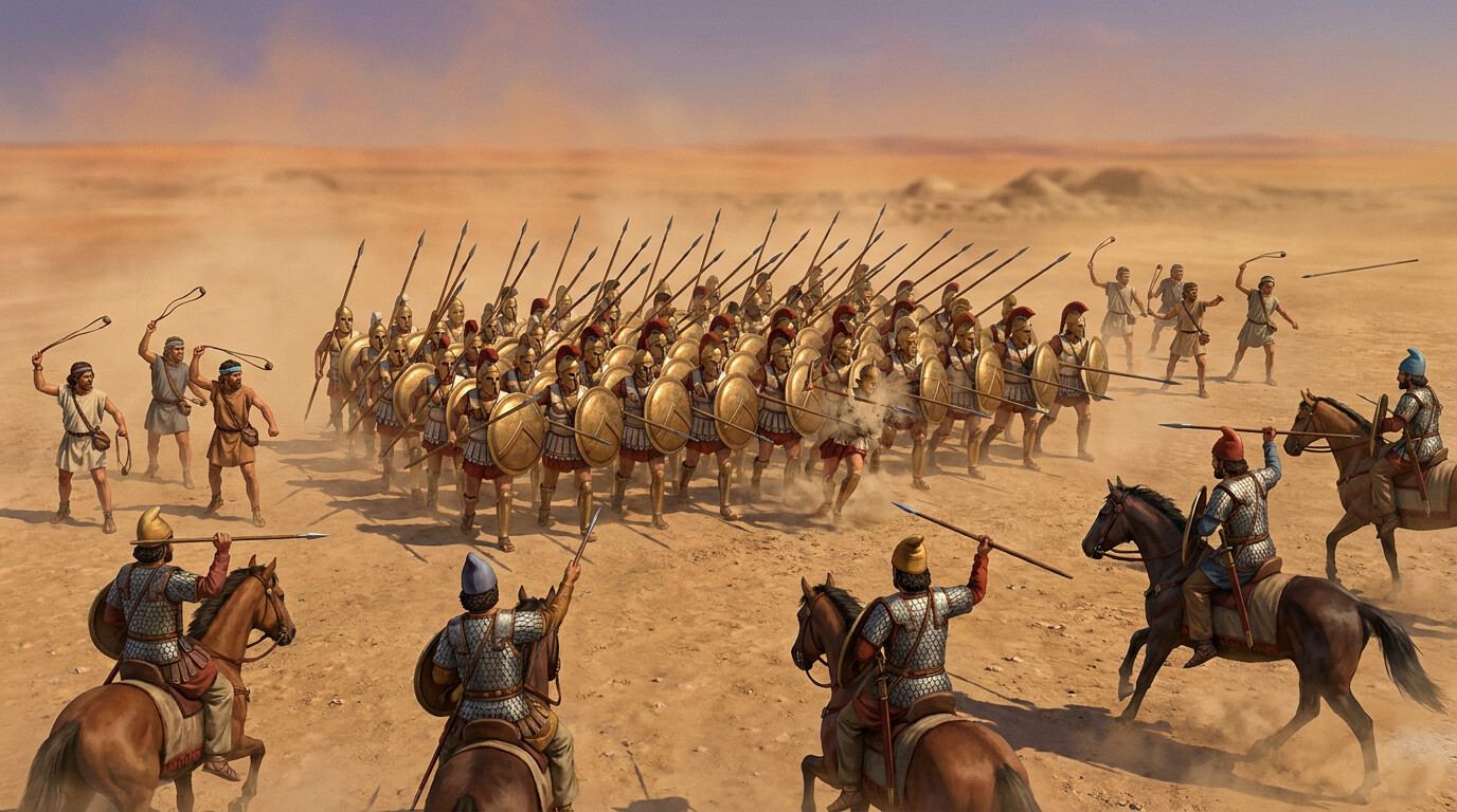 The phalanx under attack: the rearguard in action on the Mesopotamian plain, advancing in locked formation against Persian cavalry who circle and release javelins. Rhodian slingers at the flanks return fire. The organized, grinding reality of the defended retreat.