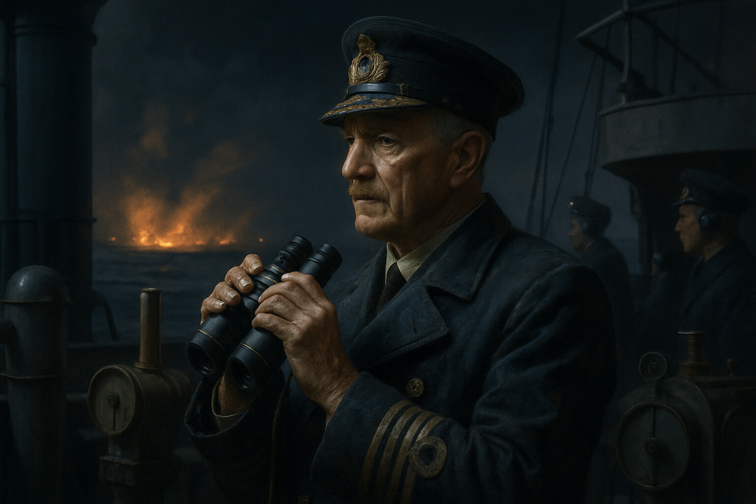 Vice-Admiral Keyes on the bridge of HMS Warwick, observing the operation by the glow of distant gun flashes, the weight of command visible in his bearing
